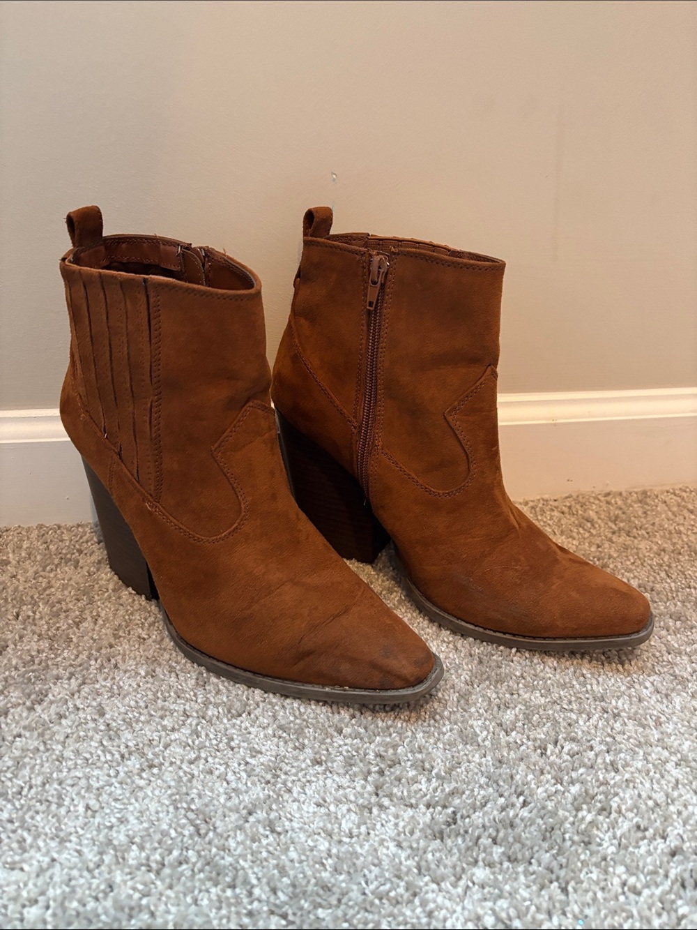 ARULA Cognac Suede Ankle Booties